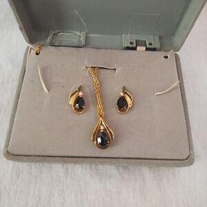 Gold toned Onyx CZ Necklace and Earrings Set
